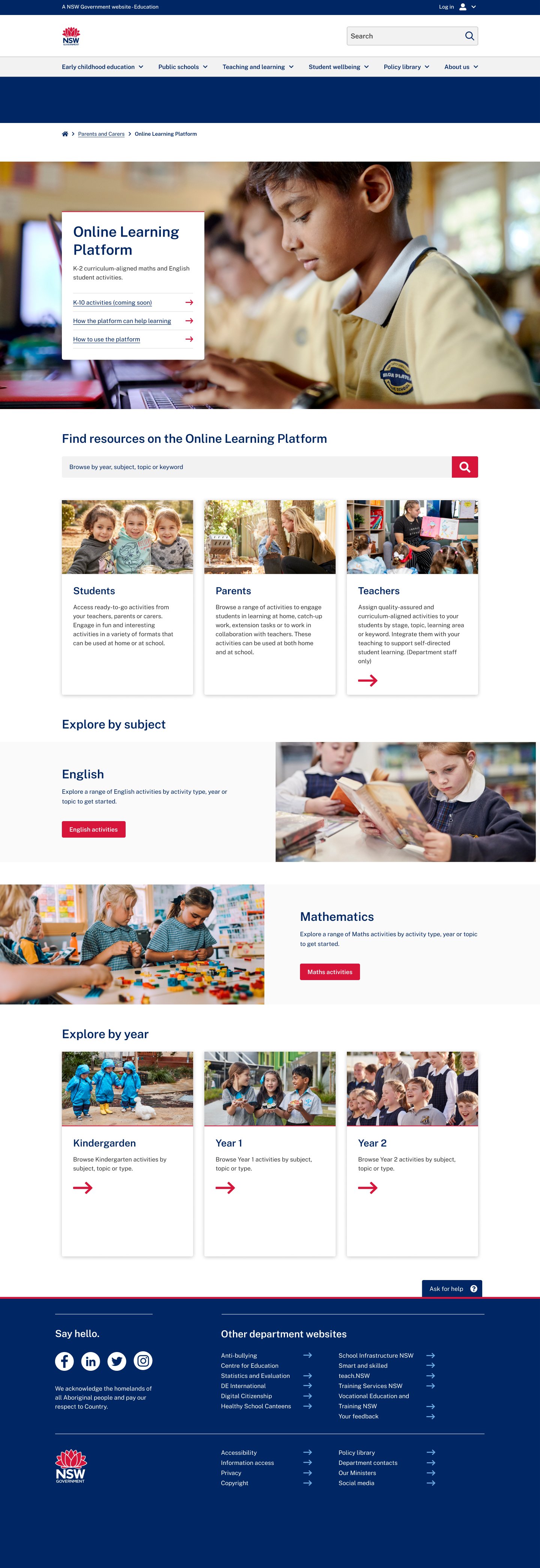 Refined landing page — subject and school year